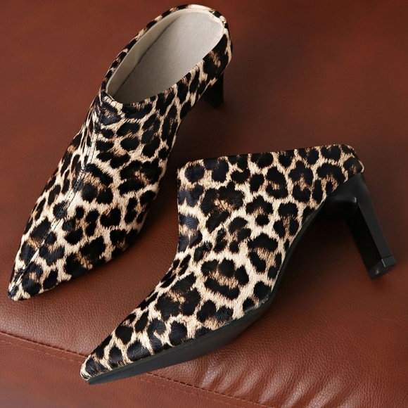 Bold Leopard Slip-On Clog Mule Pointed Toe Heeled Boot Vegan Leather Shoes Brown - Picture 10 of 13